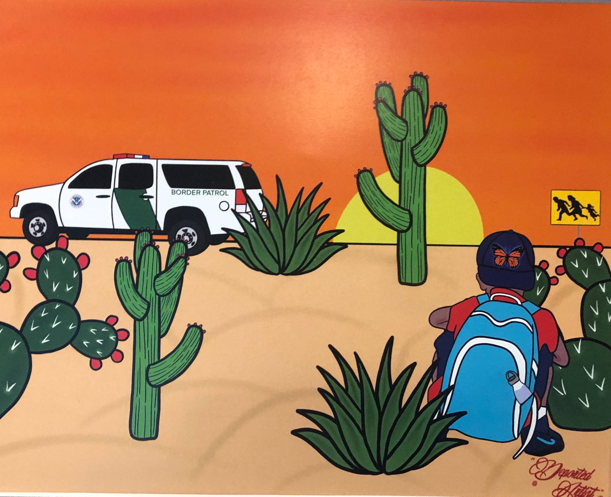 Digital painting of a desert with young boy hiding behind cactus.